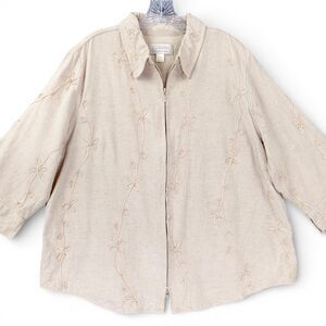 CJ Banks 2X Embroidered Linen Blend Jacket Topper Beige Floral Vine Zip Front
